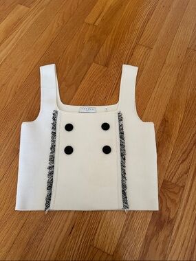 Sandro White Cropped Tank with Black Buttons and Fringe Trim